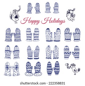 The set of hand drawn vector mittens with geometric and floral patterns. Winter background. The collection of doodle elements for your design.