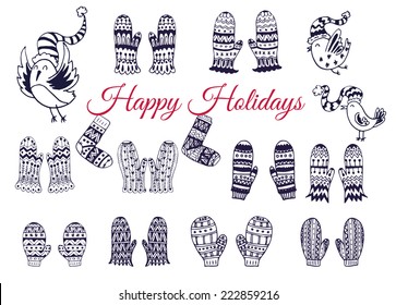 The set of hand drawn vector mittens with geometric and floral pattern. Winter background. The collection of doodle elements for your design.