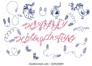 The set of hand drawn vector mittens with geometric and floral pattern. Happy Holidays! Winter background. The collection of doodle elements for your design.