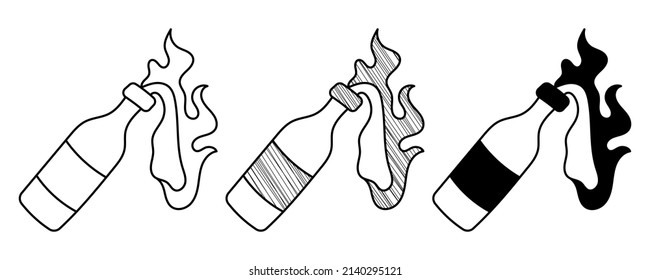 Conjunto de cócteles Molotov, vector dibujado a mano, al estilo de caricatura de doodle