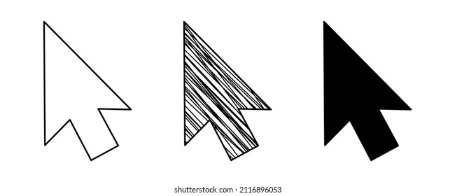 Conjunto de cursores del ratón del vector dibujado a mano en estilo de caricatura del doodle