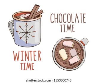Set of hand drawn vector mugs with hot chocolate isolated on white. Cups with Christmas beverage cinnamon and marshmallow. Top and side view. Winter holiday mood board. Winter time.