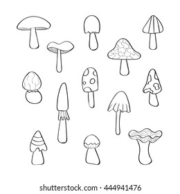Set of hand drawn vector mushrooms. Line art doodle forest collection. Contour black and white mushrooms.