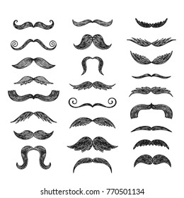 Set of hand drawn vector mustache. Black and white illustration.

