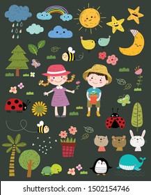 Set of hand drawn vector nature set. Cute kids with nature icons set in hand drawn illustration.