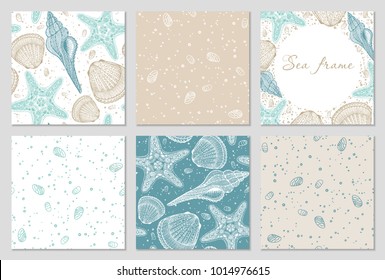 Set of hand drawn vector nautical aquatic patterns with sea shells and stars. Perfect for textiles, wallpaper and prints
