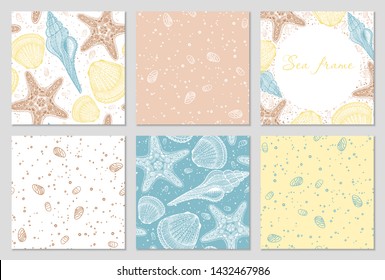 Set of hand drawn vector nautical aquatic patterns with sea shells and stars. Perfect for textiles, wallpaper and prints