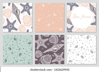 Set of hand drawn vector nautical aquatic patterns with sea shells and stars. Perfect for textiles, wallpaper and prints