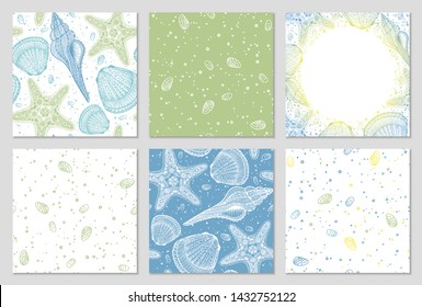 Set of hand drawn vector nautical aquatic patterns with sea shells and stars. Perfect for textiles, wallpaper and prints