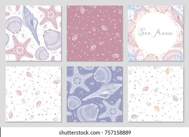 Set of hand drawn vector nautical aquatic patterns with sea shells and stars. Perfect for textiles, wallpaper and prints