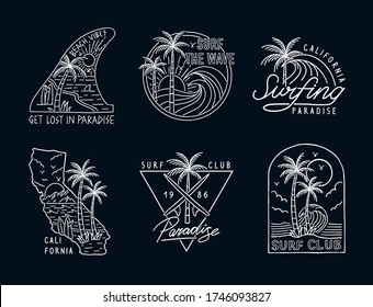 Set of hand drawn vector neon colors surfing illustrations, for t-shirt prints, posters and other uses.