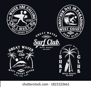 Conjunto de ilustraciones de surf de neones de vectores dibujados a mano, para impresiones de camisetas, afiches y otros usos.