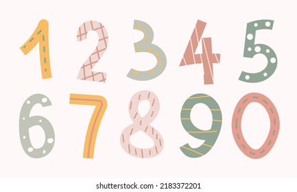 Set of hand drawn vector numbers isolated. Ten numbers form zero to nine, number flat design.	