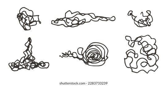 Set of hand drawn vector one line scribbles. Looks like snake, hat, snail, web, cloud, abstract, horse. Rorschach test.