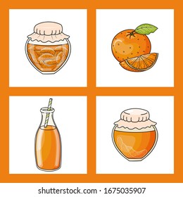 Set of hand drawn vector orange jam jars, juice bottle with ripe fruit. Delicious homemade dessert.