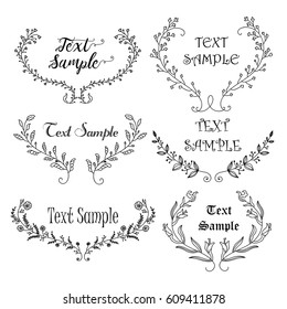 Set of hand drawn vector ornamental wreaths with text space. Hand illustrated flowers and branches.  