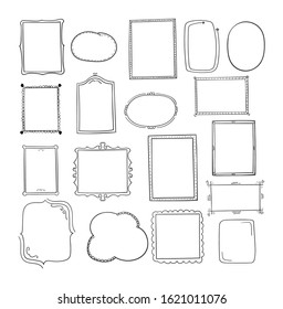 Set of Hand drawn vector outline frames isolated on a white background. Doodle black frames in vintage style. Ideal for wedding, birthday, valentine's card and invitations.