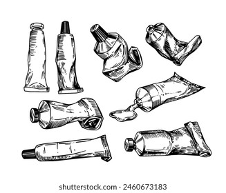 Set of hand drawn vector paint tubes, artist, oil, acrylic. Vector illustration, engraving styleoutline