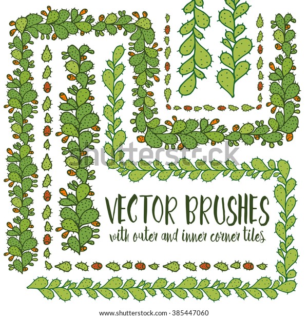 Set of hand drawn vector pattern brushes with\
inner and outer corner tiles. Colored green branches of cactus\
opuntia ficus-indica with orange fruit. Perfect for frames,\
dividers, borders,\
ornaments
