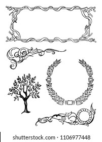 A set of hand drawn vector pen and ink borders and frames.