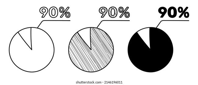 Set of hand drawn vector percentage diagram 90% in doodle cartoon style on white background