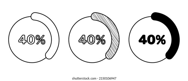 Set of hand drawn vector percentage diagram 40% in doodle cartoon style on white background