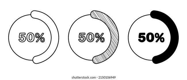 Set of hand drawn vector percentage diagram 50% in doodle cartoon style on white background