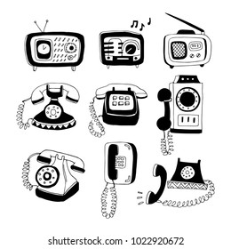 Set of hand drawn vector phone and radio isolated on white background