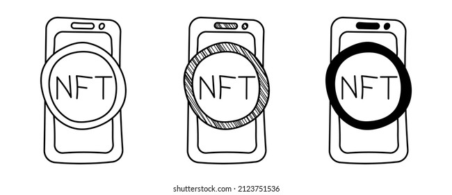 Set of hand drawn vector phones with NFT in doodle cartoon style