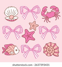 Set of hand drawn vector pink bows seashell fish and crab for clipart sticker or nursery design.