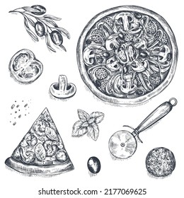 Set of hand drawn vector pizza and ingredients in sketch style. Traditional Italian food. Can be used for menu, card, poster and flyers design.