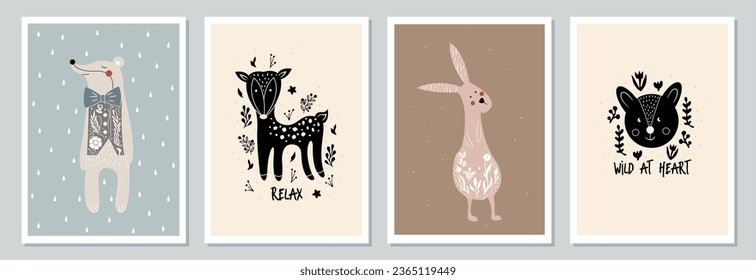 Set of hand drawn vector posters with forest animals and plants. Cute Scandinavian illustration with wild animals in the wood. Collection of woodland background set with deer, rabbit, badgers.