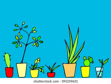Set of hand drawn vector pot flowers . Decorative element. Can be used as a horizontal seamless pattern.