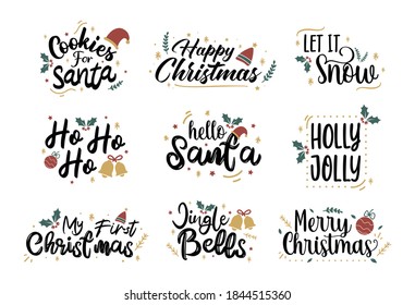 Set of hand drawn vector quotes. Merry Christmas text quote collection. Hand drawn christmas vector. Calligraphy lettering design for holiday season. Quote about winter and Christmas.