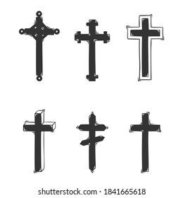 Set of hand drawn vector religious crosses, isolated on white background.