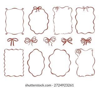Set of hand drawn vector ribbon frames and bows in coquette style for posters, cards, invitation, banner design