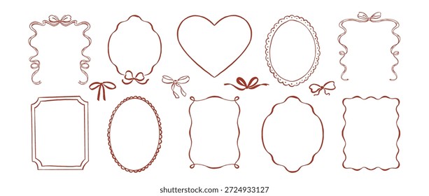 Conjunto de marcos de cinta de Vector dibujado a mano y arcos en estilo coqueta para carteles, tarjetas, invitación, diseño de Anuncio