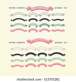 Set of hand drawn vector ribbons. Doodles collection of decorative design elements for card templates, wedding invitations, scrapbook