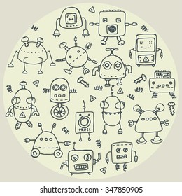 set of hand drawn vector robot doodles