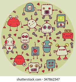 set of hand drawn vector robot doodles