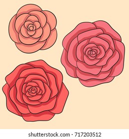 Set of hand drawn vector roses of pink, red and yellow colors isolated on the beige background. Delicate floral elements.