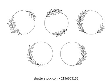 Set of hand drawn vector round frames with olives branches. Line art floral design with olives for invitations, logos, web, menu, greeting cards, posters, monograms, wedding decoration.