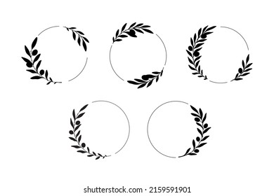 Set of hand drawn vector round frames with olives branches. Silhouette floral design with olives for invitations, logos, web, menu, greeting cards, posters, monograms, wedding decoration.