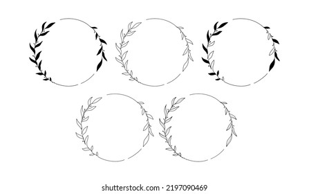 Set of hand drawn vector round frames with branches. Line art floral design  for invitations, logos, web, menu, greeting cards, posters, monograms, wedding decoration.