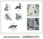Set of hand drawn vector Scandinavian folk wild animals and patterns with Nordic motif
