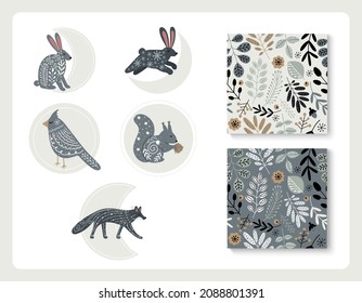 Set of hand drawn vector Scandinavian folk wild animals and patterns with Nordic motif