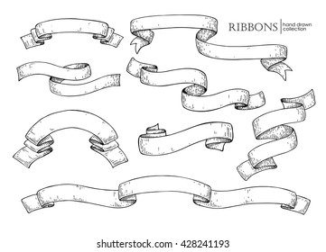 Set of  hand drawn vector scrolled ribbons. Old styled engraved illustration. Great for banner or as design element.