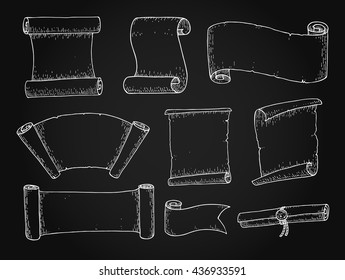 Set of  hand drawn vector scrolled ribbons on blackboard. Old styled engraved illustration. Great for banner or as design element.