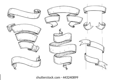 Set of  hand drawn vector scrolled ribbons. Tape drawing. Old styled engraved illustration. Great for banner or as design element.