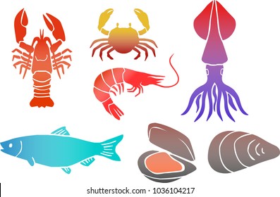 Set of hand drawn vector sea food animals. Crab, Fish, Mussel, Octopus, Squid, Shrimp, Lobster.